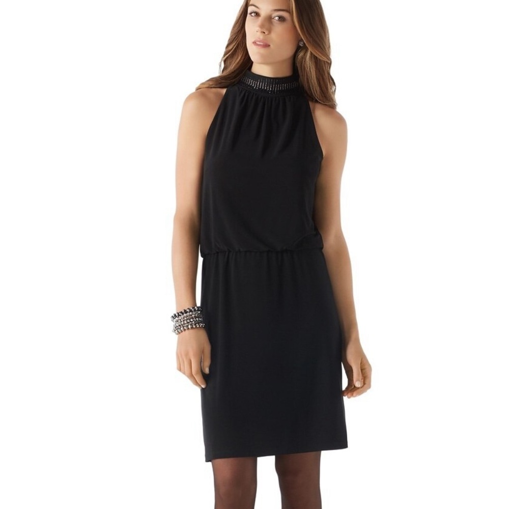 White House Black Market sleeveless black Sparkle Mockneck Halter Dress size M